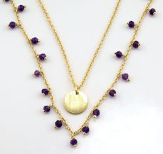 Amethyst beads with disc necklace, Two layer Brass necklace, 22k gold plated